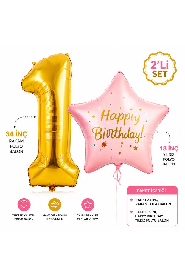 2-Piece Birthday Foil Balloon Set 34 Inch Gold Number Balloon and 18 Inch Pink Happy Birthday Star Foil Balloon