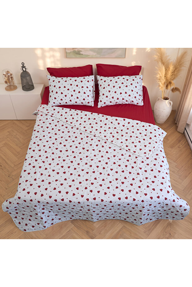 Double Red Heart Patterned Multi-Purpose Bedspread Set (Pique Set) with 4 Pillowcases & Fitted Sheets
