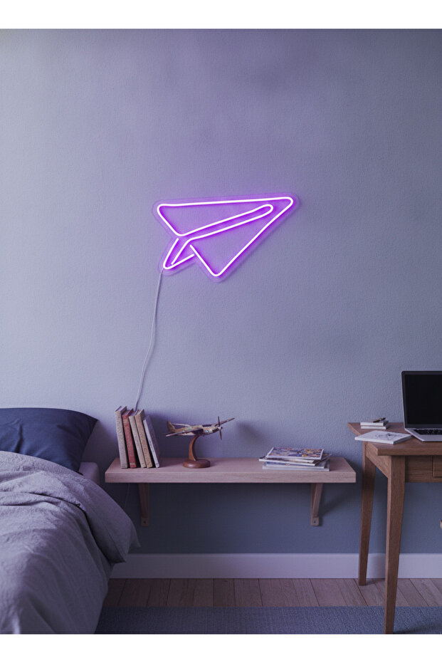 Kağıt Uçak Figürlü LED Neon Duvar Tablosu | Mor Aydınlatmalı Modern Dekor | Genç Odası - 2