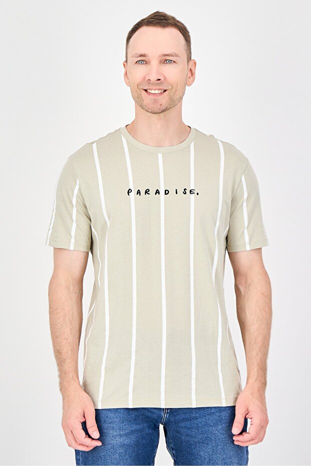 Men Crew Neck Short Sleeve Embroidered T-Shirt, Beige