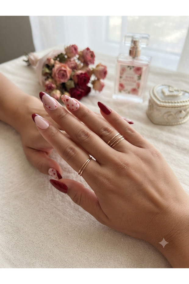 Handmade Press-On Nails Set - Deep Red Hearts Soft Pink French Tips Romantic Almond Custom Gel Nails