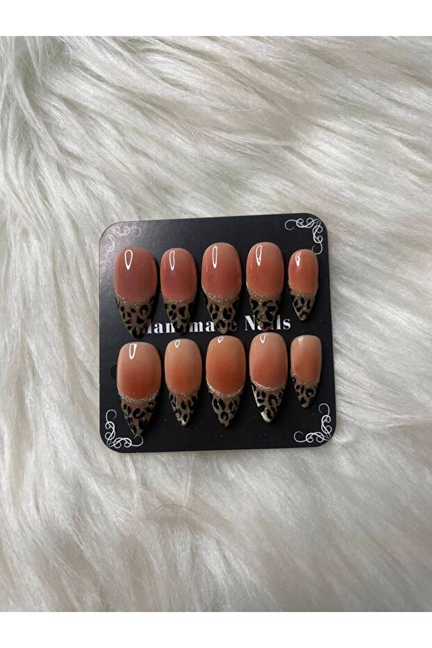 Handmade Press-On Nails Set - Leopard Print French Tip & Silver Glitter Smile Line Almond Custom Gel Nails