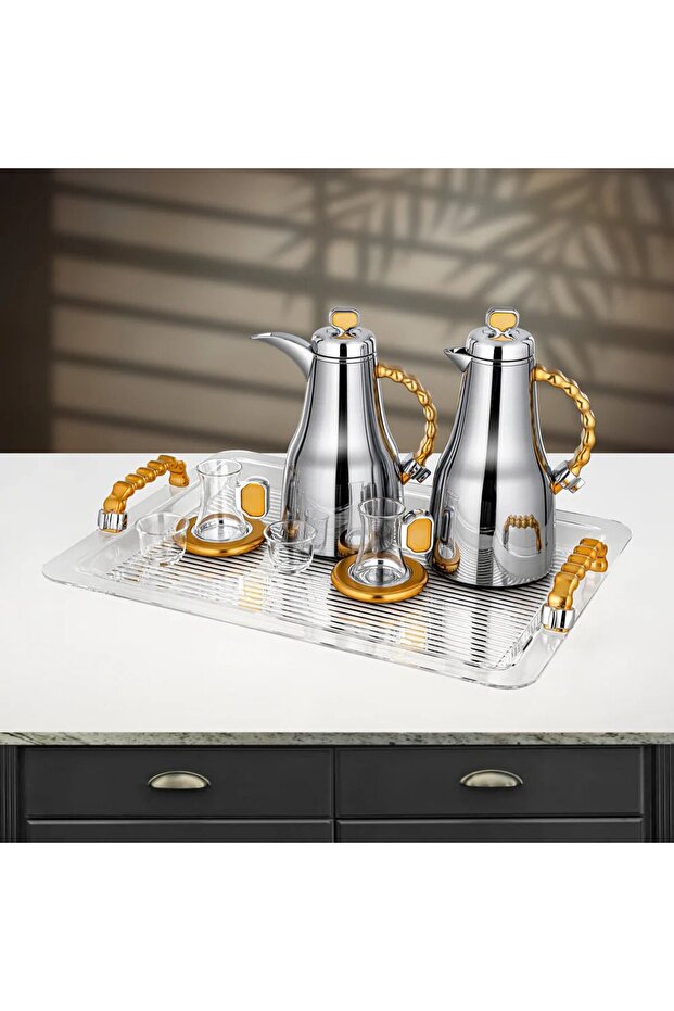 21 Pieces Tea & Coffee Set, Brushed Silver & Matt Gold