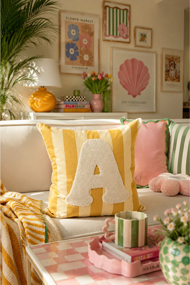 Punch Embroidered Throw Pillow Cover - 43*43 cm - Yellow Letter a - Pnk001