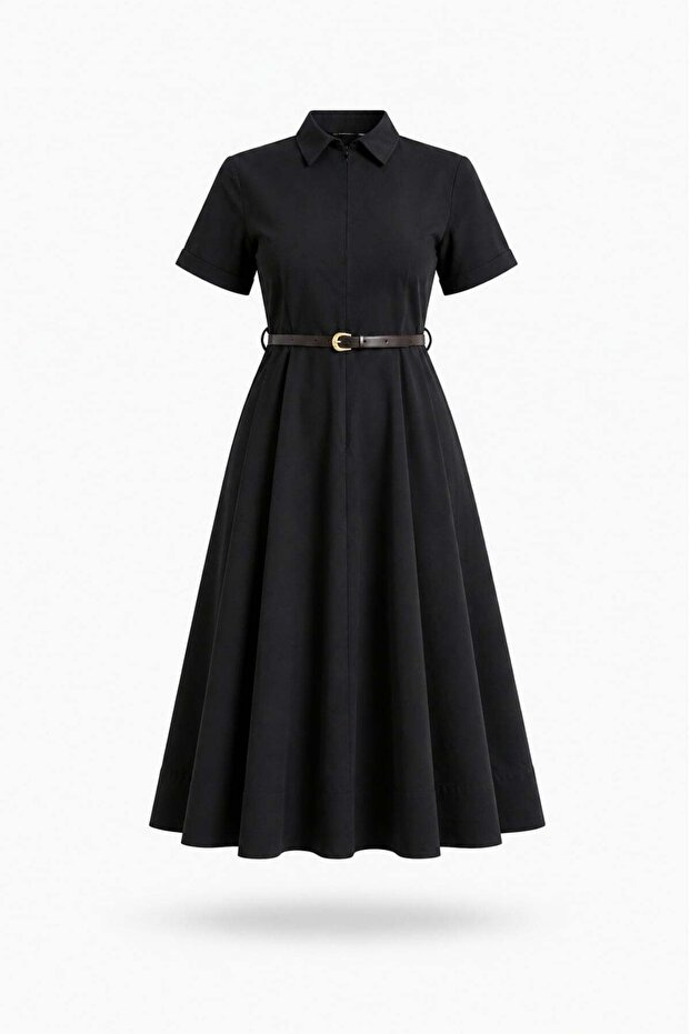 Black Belted Shirt Collar Dress 0057
