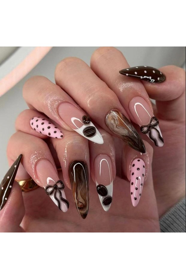 3720 3D fake nails for women girls gradient brown blue pink polka dots star flowers coffee beans str