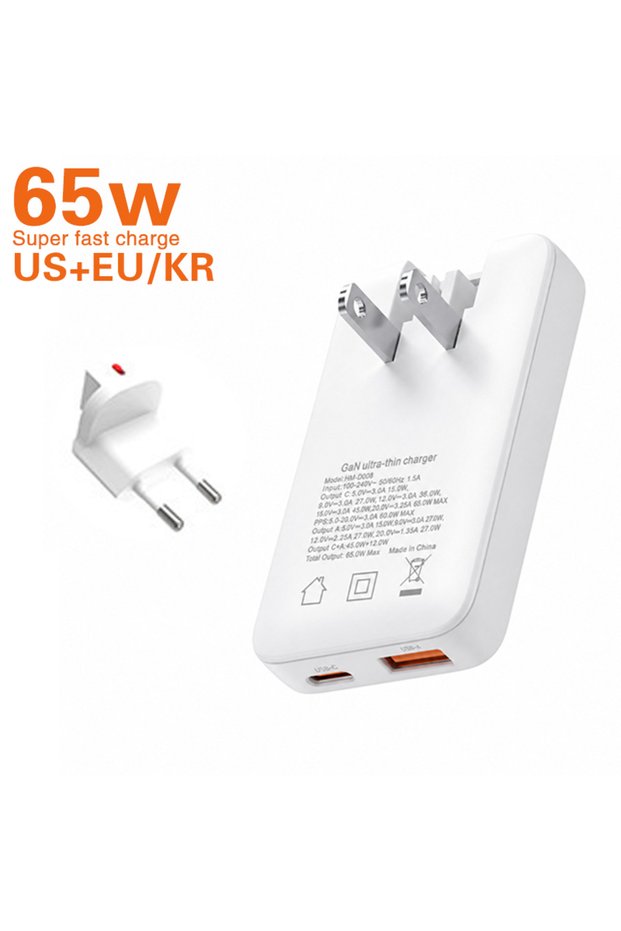 White 65W US EU KR TINSOL PD 65W Ultra-thin Gallium Nitride Charger US/EU/KR/UK USB-C Dual-Port Fast