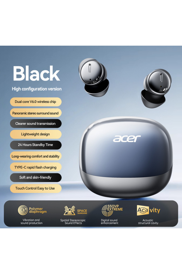 black Acer Ohr638 Wireless In-Ear Bluetooth Headphones V6.0 Chip Enc Call Noise Reduction Hifi Surro
