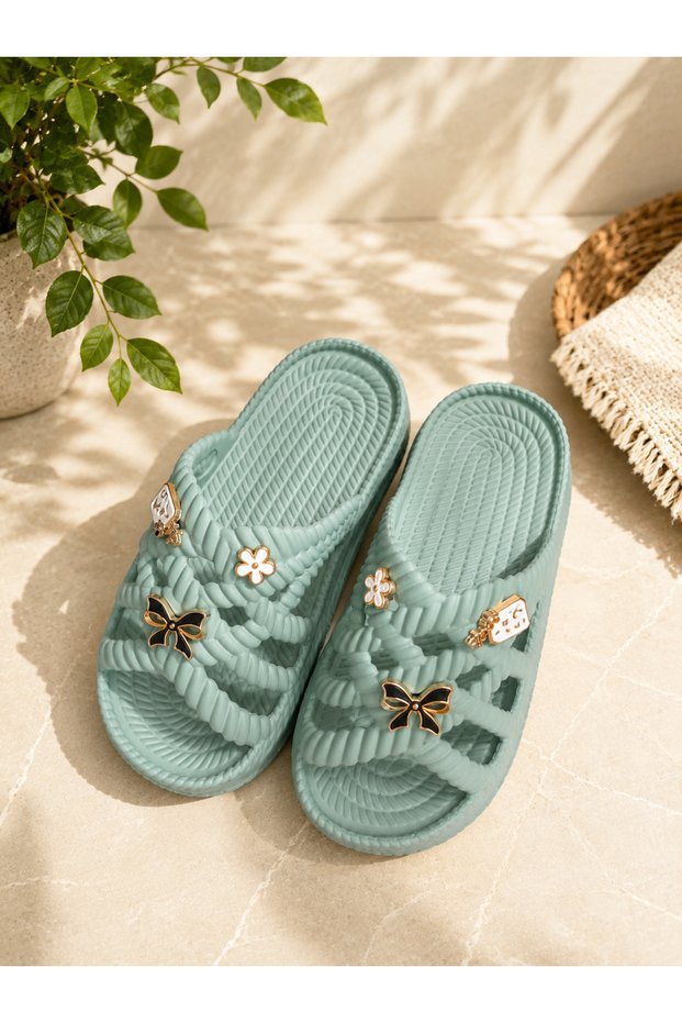 Women's Green Cross-Strapped Stylish Beach and Daily Slippers with Gold Bow Jibbitz Decoration