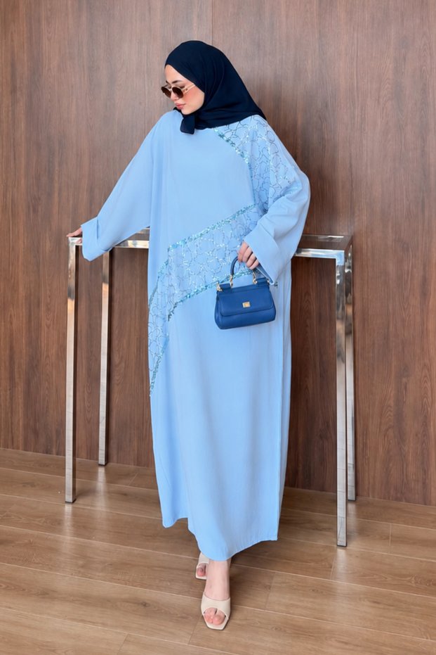 Women's Sequin Embroidered Linen Bat Sleeve Dress