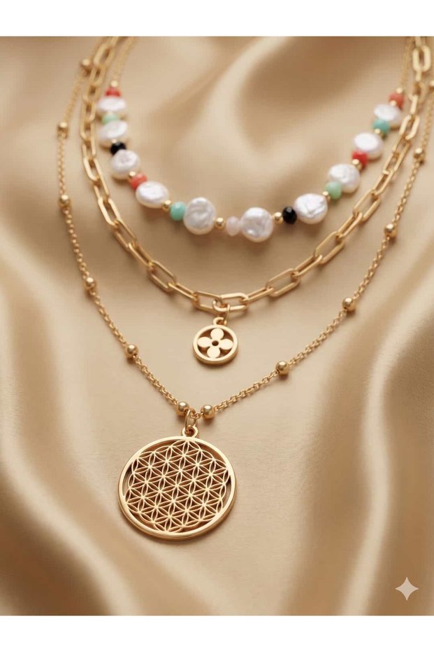 Bohemian Style Multi-Layer Necklace - Flower of Life with Gold Chain and Pearl Detail