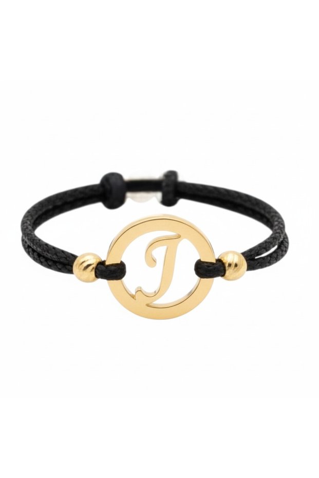 Adjustable string ring with 8mm initial *J* charm and 14k gold beads