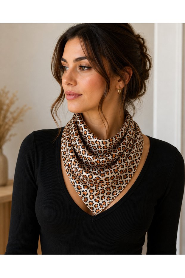 Women's Leopard Patterned Satin Square Scarf Hair and Neck Accessory 55X55