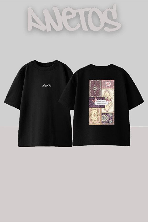 Floral Hali Pattern Design Back Printed Cotton Black Oversize T-Shirt