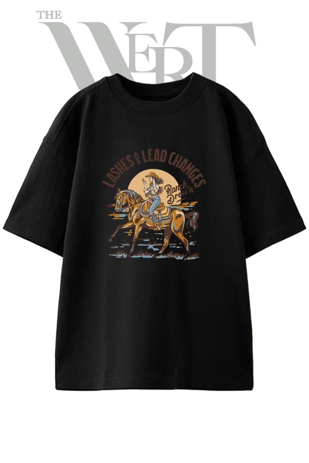 Cowgirl Horse Design Printed Unisex Black Oversize T-Shirt
