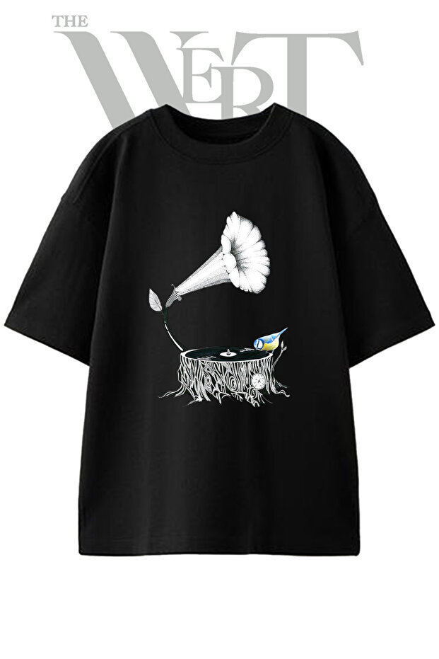 Gramophone Stump Bird Design Printed Unisex Black Oversize T-Shirt