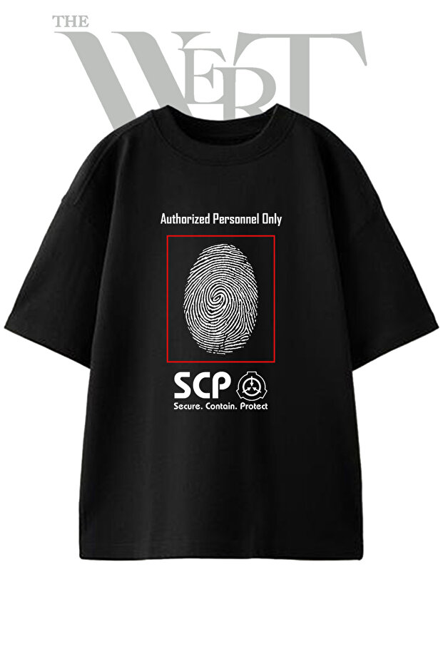 Scp Fingerprint Design Printed Unisex Black Oversize T-Shirt