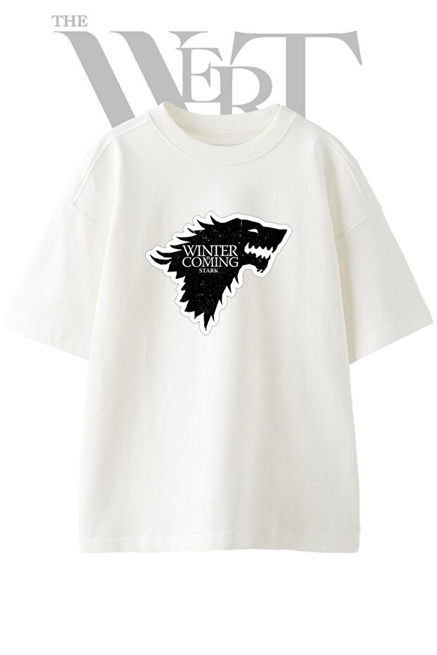 Direwolf Stark Design Printed Unisex White Oversize T-Shirt