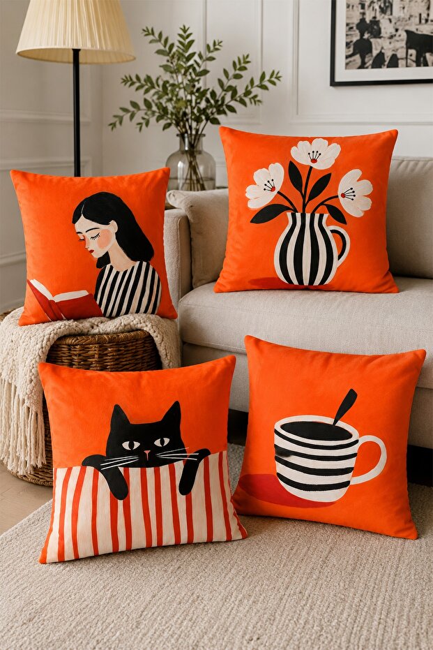 Girl Reading a Book Patterned 4-Piece Throw Pillow Cover Set