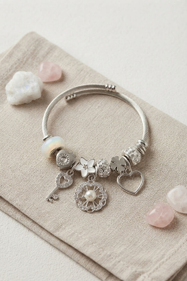 Heart Clover Key White Charm Bracelet
