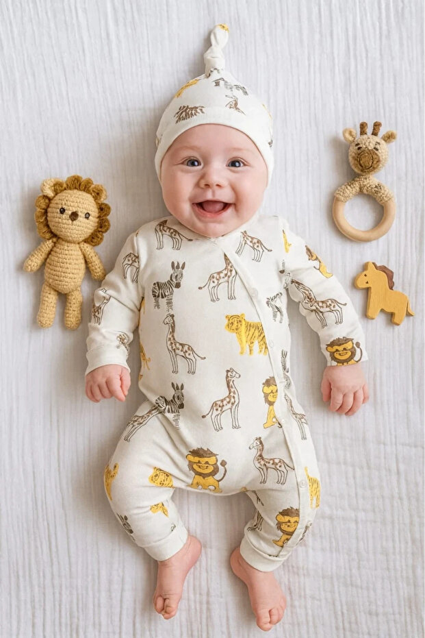 Safari Printed Beret Style Baby Jumpsuit