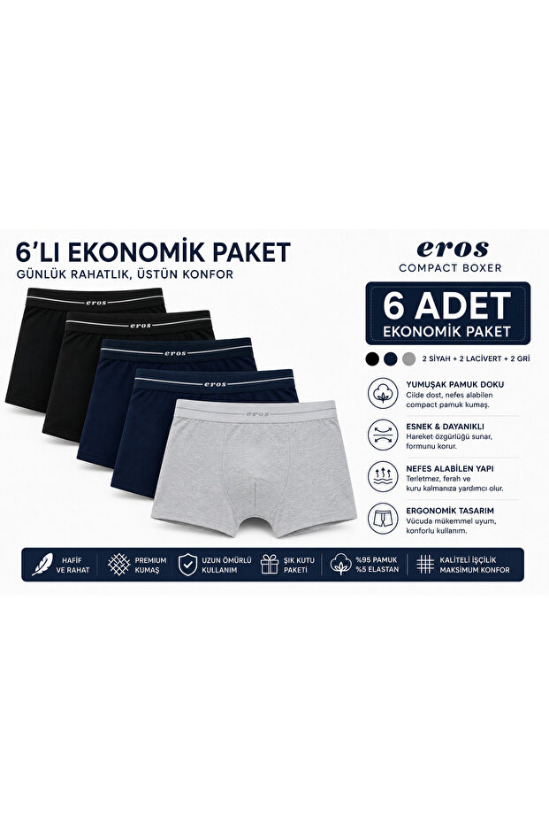 6-Piece Pack Men's Compact Boxer 6-Piece Economic Pack Cotton Flexible Comfortable Daily Use Underwear Black Navy Blue Gray