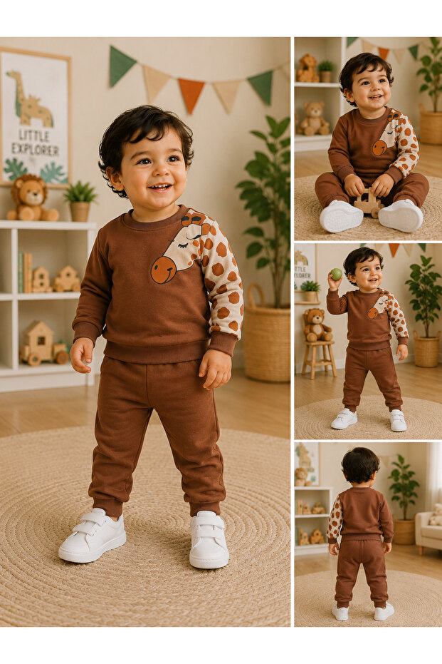 Boy's Giraffe Printed Tracksuit Set Brown Long Sleeve Sweatshirt Straight Leg Cotton Casual Sports 2-Piece Set