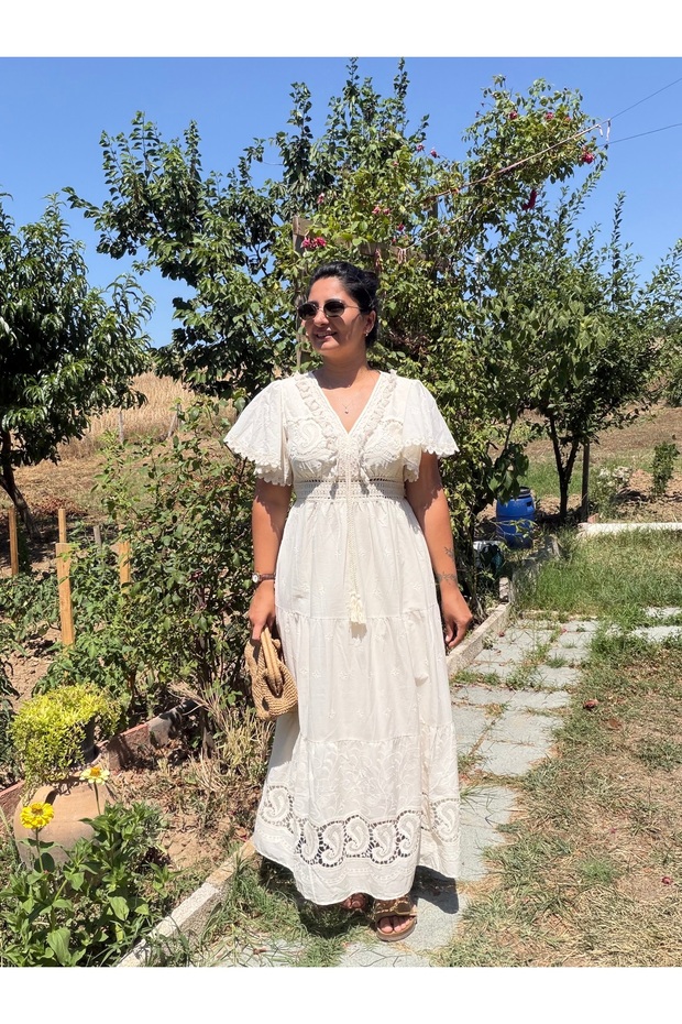 Tasseled Frilled Natural Maxi Dress