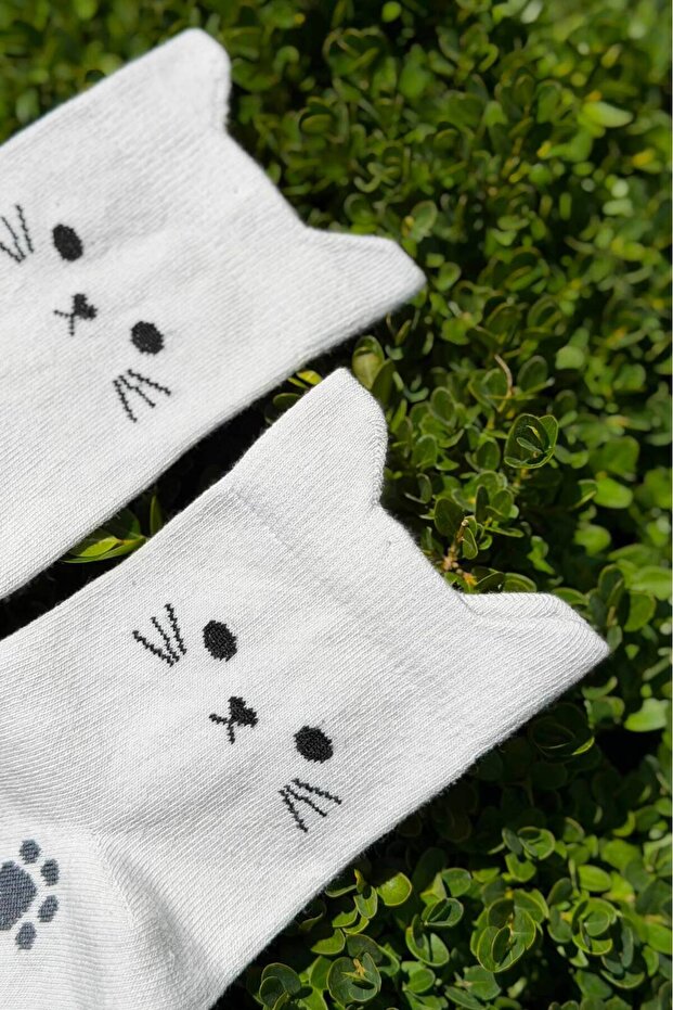Unisex Cat Ear Paw Patterned Gray Melange Socks