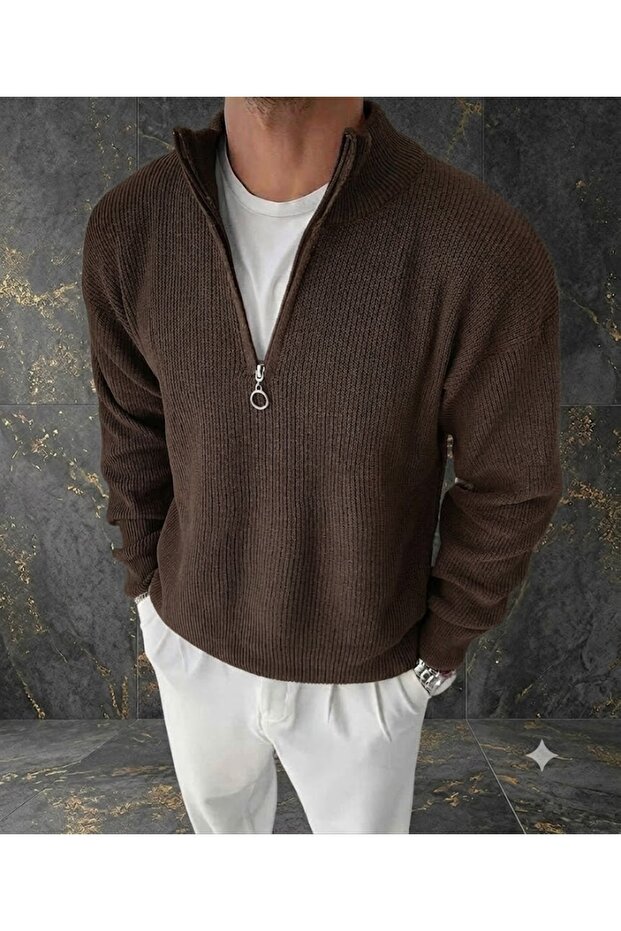 Men's Winter Thick 100% Cotton Stand-Up Collar Sweater Basic Zipper Regular Fit Turtleneck Knitwear