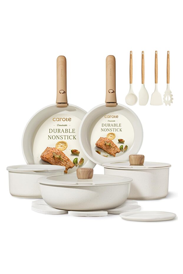 19-Piece Non Stick Cookware Set, Detachable Handle, PFOA & BPA Free, Dishwasher Safe, White