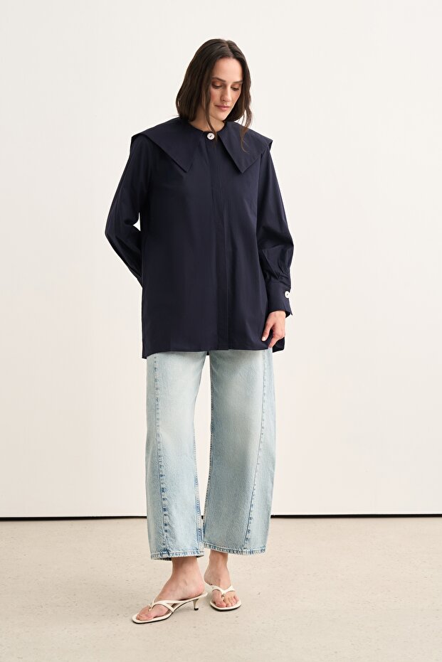 Women's Shawl Collar Shirt Navy Blue
