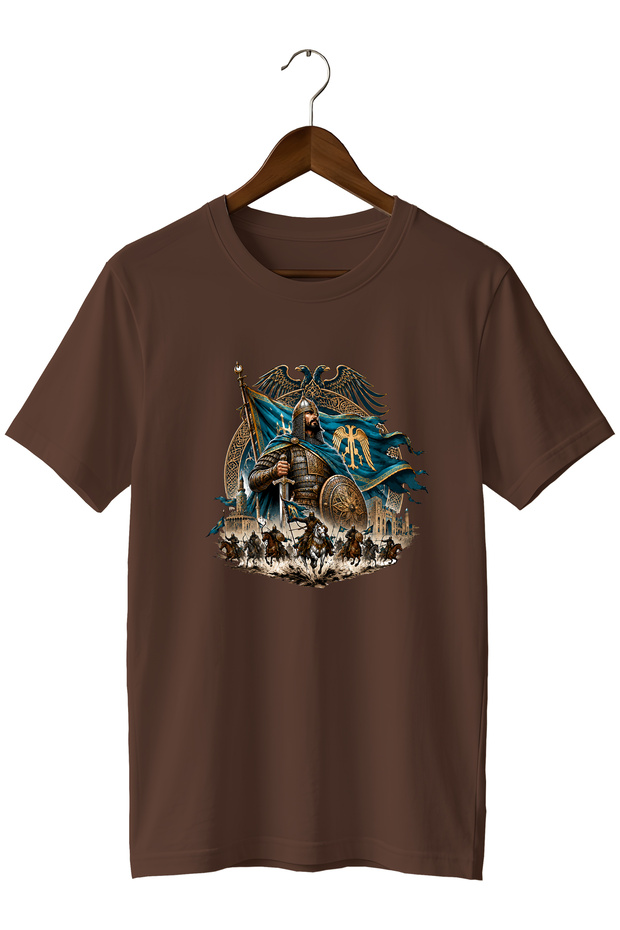 Unisex T-Shirt with Large Seljuk Warrior and Double-Headed Eagle Print – Turkish Historical Design