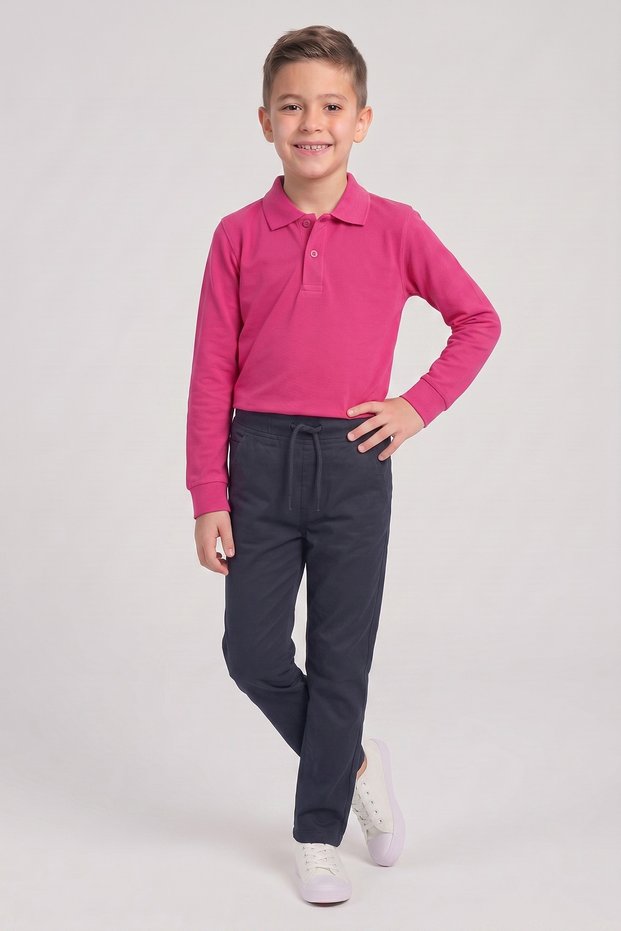 Boys' Fuchsia Long Sleeve Polo Collar T-Shirt Navy Blue Ribbed Waist Canvas School Pants Bottom Top Set School Outfit