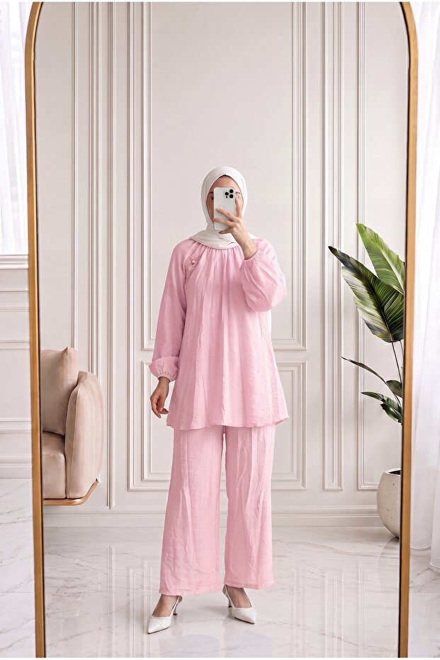 Mehnur Tie-Dye Balloon Sleeve Pants Vual Suit-Ey1054 Pink