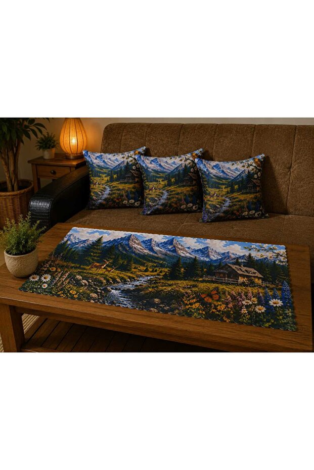 Landscape Patterned Runner and Set of 4 Throw Pillow Covers