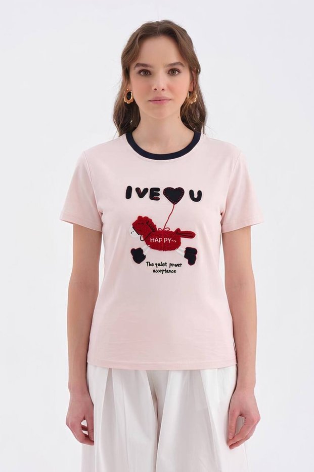 Women's 100% cotton short sleeve t-shirt with embroidery detail on the front