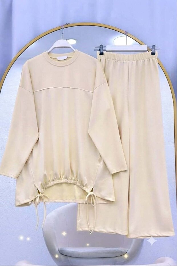 Drawstring Detailed Trousers Double Suit Set Beige