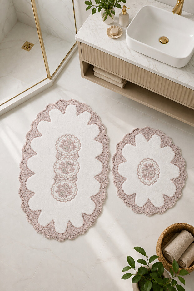 Liana 2-Piece Lace-Lined Non-Slip Leather-Based Oval Bath Mat Set with Lace and Washable Bath Mat