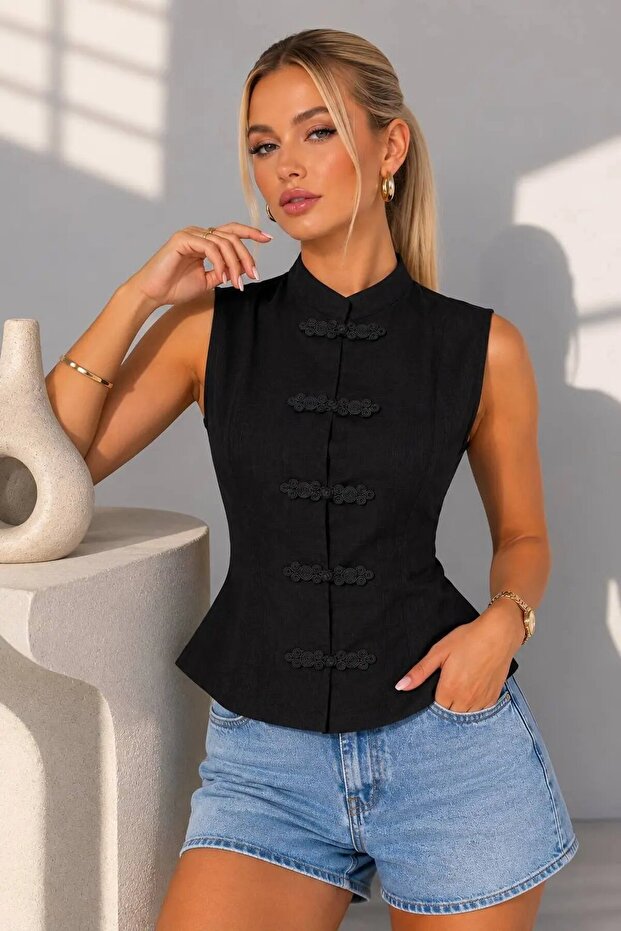 Women's Cotton Chinese Buttoned Stand Collar Sleeveless Blouse Shirt 26066