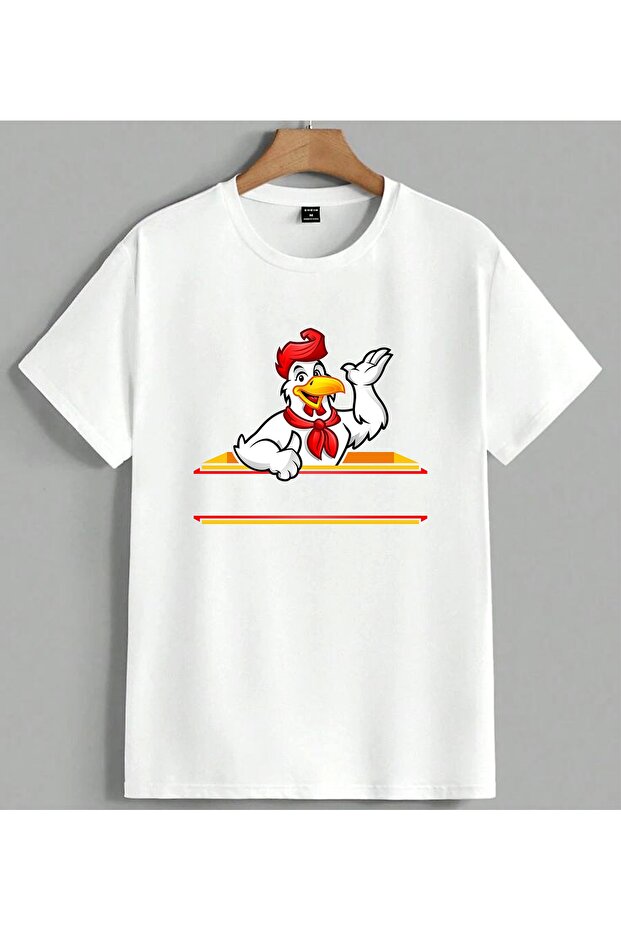 Chicken Caricature Red Print Printed Unisex Oversize T-Shirt White