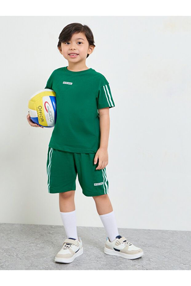 Boys Dark Green Oversized T-Shirt and Striped Shorts Set