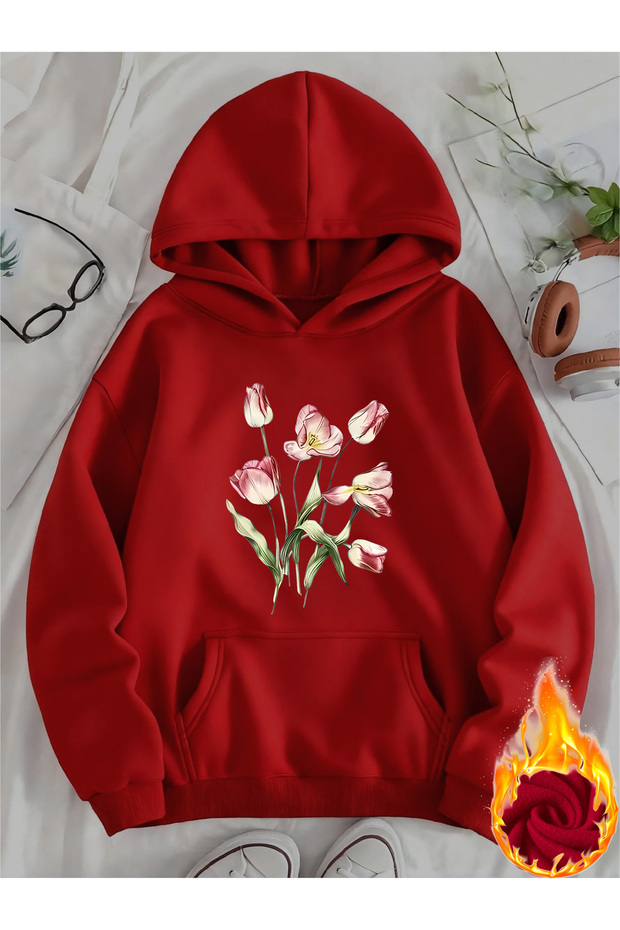 Unisex Floral Printed Hooded Kangaroo Pocket Comfortable Fit Regular Cut Sweatshirt