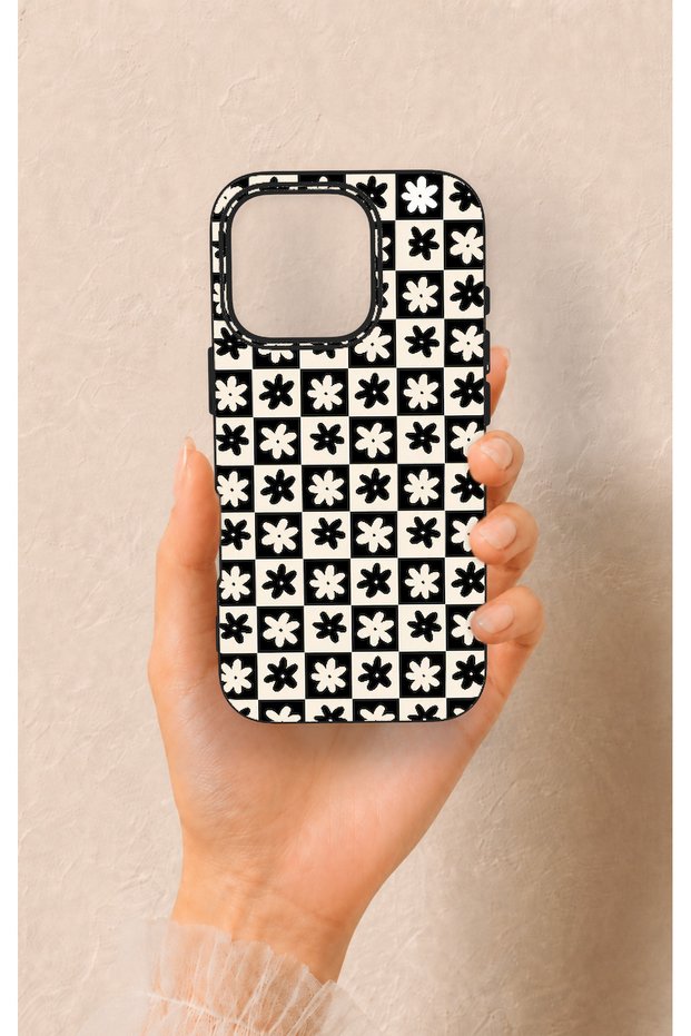 iPhone 16 Pro Compatible Floral Motif Checkered Pattern Silicone Case