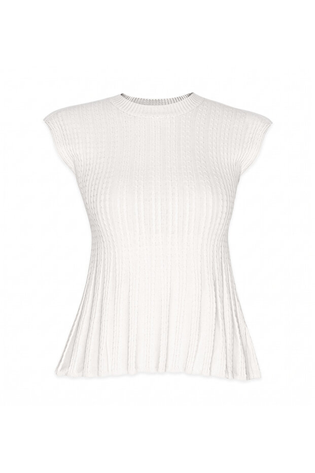 Women's Crew Neck Self-Patterned Japone Sleeve Waist Fitted Peplum Slim Knitwear Blouse