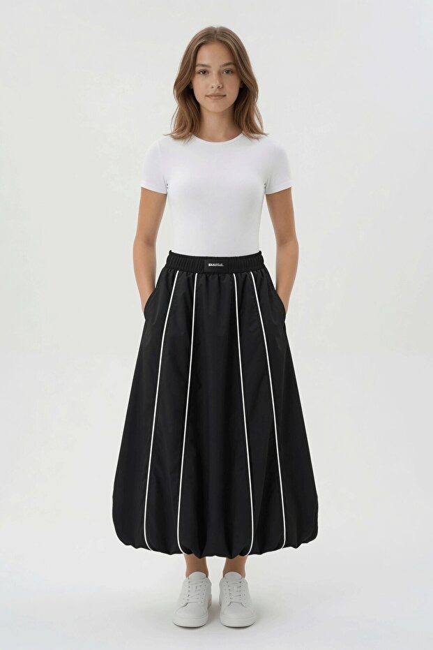 Black Girl's Basic Balloon Skirt with Stripes on the Sides 24021