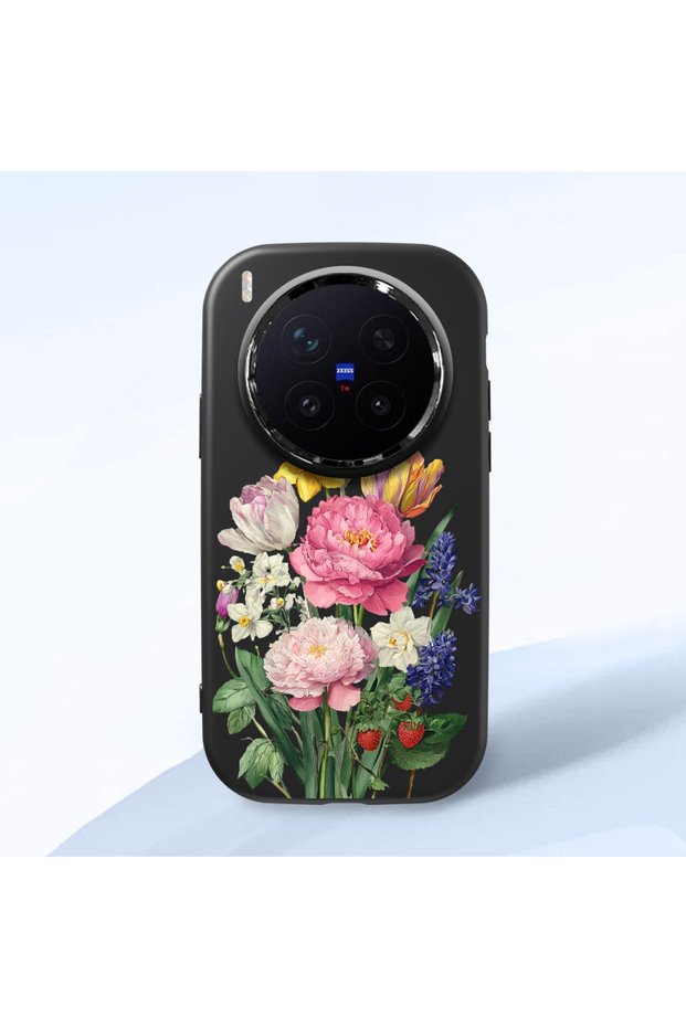 Vivo X300 Pro Compatible Case Camera Protective Black Silicone Couple Phone Case with Floral Pattern
