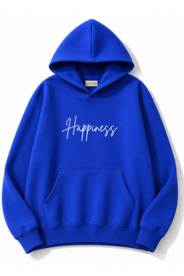 Happines Printed Hooded 2 Thread Rastered Sweatshirt