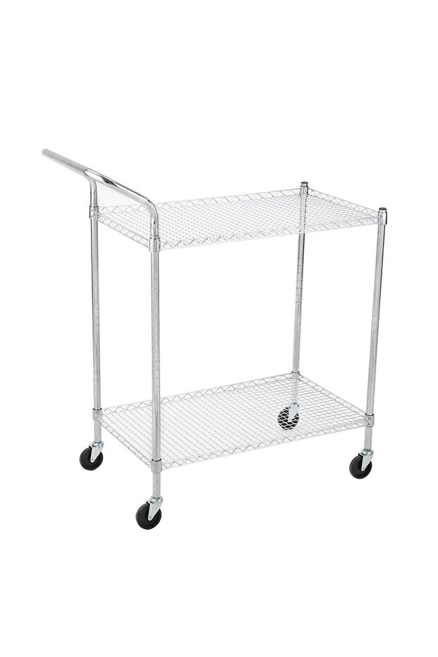 Heavy Duty 2-Tier Metal Utility Cart for Office – Commercial Rolling Storage Trolley with Wheels, High Handle, Adjustable Wire Shelves, Durable Steel Construction – 2-Layer High Handle