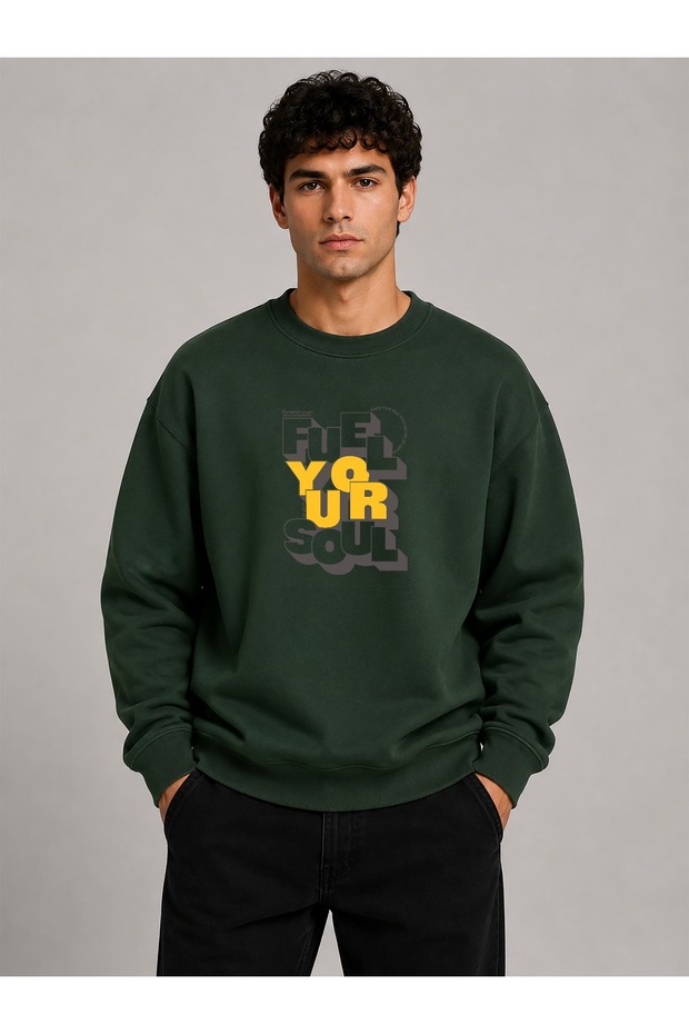 Fuel Your Harder Print Detailed Crew Neck 2 Thread Sweatshirt with Embroidery Detail